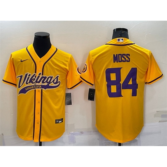 Men Minnesota Vikings 84 Randy Moss Gold With Patch Cool Base Stitched Baseball Jersey Men Minnesota Vikings 84 Randy Moss Gold With Patch Cool Base Stitched Baseball Jersey