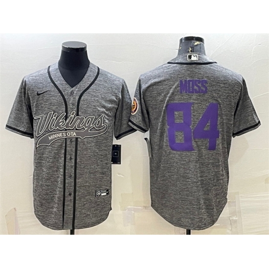 Men Minnesota Vikings 84 Randy Moss Grey With Patch Cool Base Stitched Baseball Jersey Men Minnesota Vikings 84 Randy Moss Grey With Patch Cool Base Stitched Baseball Jersey