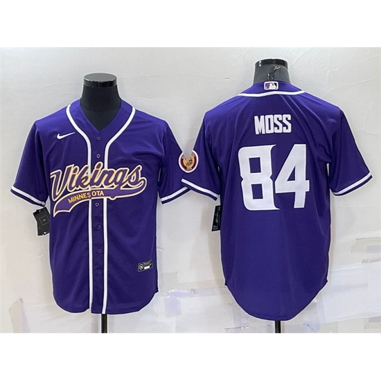 Men Minnesota Vikings 84 Randy Moss Purple With Patch Cool Base Stitched Baseball Jersey Men Minnesota Vikings 84 Randy Moss Purple With Patch Cool Base Stitched Baseball Jersey