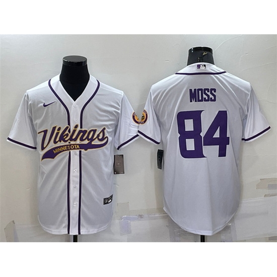 Men Minnesota Vikings 84 Randy Moss White With Patch Cool Base Stitched Baseball Jersey Men Minnesota Vikings 84 Randy Moss White With Patch Cool Base Stitched Baseball Jersey