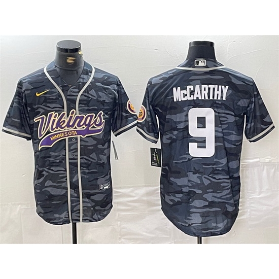 Men Minnesota Vikings 9 J J McCarthy Grey Camo Cool Base Stitched Baseball Jersey Men Minnesota Vikings 9 J J McCarthy Grey Camo Cool Base Stitched Baseball Jersey