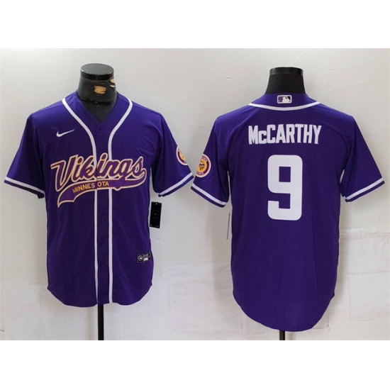Men Minnesota Vikings 9 J J McCarthy Purple Cool Base Stitched Baseball Jersey Men Minnesota Vikings 9 J J McCarthy Purple Cool Base Stitched Baseball Jersey