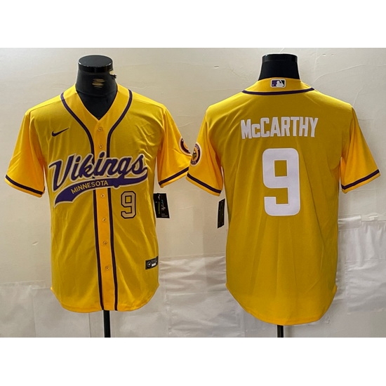 Men Minnesota Vikings 9 J J McCarthy Yellow Cool Base Stitched Baseball Jersey 1 Men Minnesota Vikings 9 J J McCarthy Yellow Cool Base Stitched Baseball Jersey 1