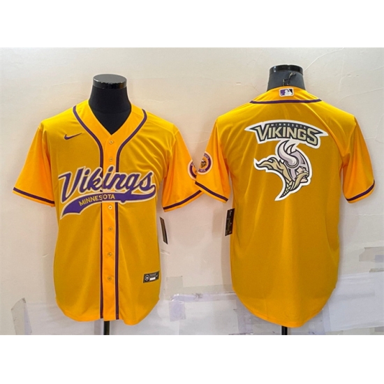 Men Minnesota Vikings Gold Team Big Logo With Patch Cool Base Stitched Baseball Jersey Men Minnesota Vikings Gold Team Big Logo With Patch Cool Base Stitched Baseball Jersey