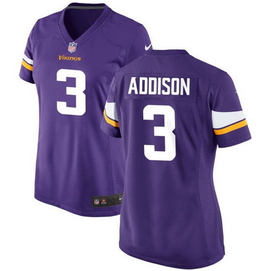 Women Minnesota Vikings 3 Jordan Addison Purple Stitched Game Jersey Women Minnesota Vikings 3 Jordan Addison Purple Stitched Game Jersey
