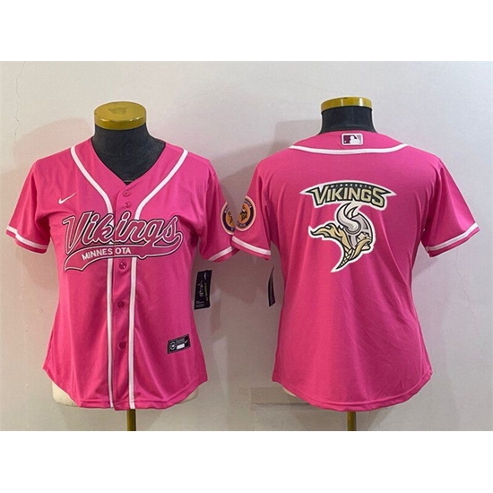 Women Minnesota Vikings Pink Team Big Logo With Patch Cool Base Stitched Baseball Jersey Women Minnesota Vikings Pink Team Big Logo With Patch Cool Base Stitched Baseball Jersey