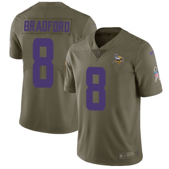 Youth Nike Vikings #8 Sam Bradford Olive Stitched NFL Limited 2017 Salute to Service Jersey Youth Nike Vikings #8 Sam Bradford Olive Stitched NFL Limited 2017 Salute to Service Jersey