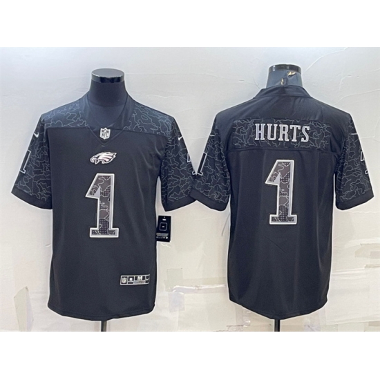 Men Philadelphia Eagles 1 Jalen Hurts Black Reflective Limited Stitched Jersey Men Philadelphia Eagles 1 Jalen Hurts Black Reflective Limited Stitched Jersey