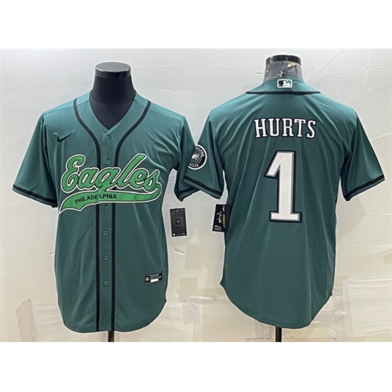 Men Philadelphia Eagles 1 Jalen Hurts Green With Patch Cool Base Stitched Baseball Jersey Men Philadelphia Eagles 1 Jalen Hurts Green With Patch Cool Base Stitched Baseball Jersey