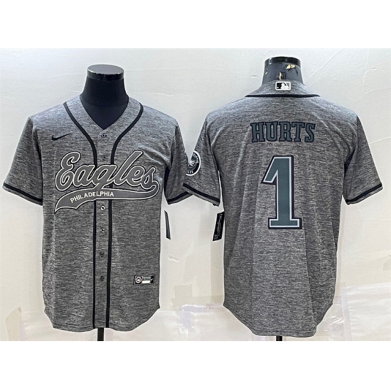 Men Philadelphia Eagles 1 Jalen Hurts Grey With Patch Cool Base Stitched Baseball Jersey Men Philadelphia Eagles 1 Jalen Hurts Grey With Patch Cool Base Stitched Baseball Jersey