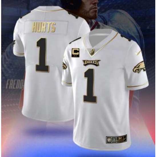 Men Philadelphia Eagles 1 Jalen Hurts White Gold Fashion Stitched Jersey Men Philadelphia Eagles 1 Jalen Hurts White Gold Fashion Stitched Jersey