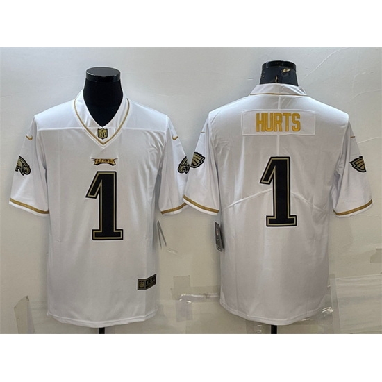 Men Philadelphia Eagles 1 Jalen Hurts White Gold Limited Stitched Jersey Men Philadelphia Eagles 1 Jalen Hurts White Gold Limited Stitched Jersey