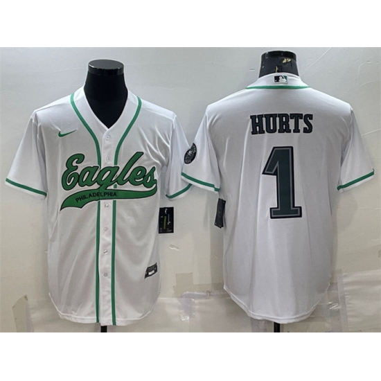 Men Philadelphia Eagles 1 Jalen Hurts White With Patch Cool Base Stitched Baseball Jersey Men Philadelphia Eagles 1 Jalen Hurts White With Patch Cool Base Stitched Baseball Jersey