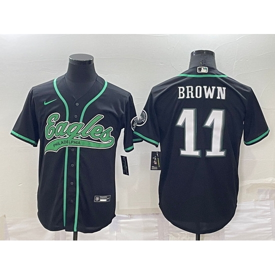 Men Philadelphia Eagles 11 A J Brown Black Cool Base Stitched Baseball Jersey Men Philadelphia Eagles 11 A J Brown Black Cool Base Stitched Baseball Jersey
