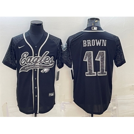 Men Philadelphia Eagles 11 A J Brown Black Reflective With Patch Cool Base Stitched Baseball Jersey Men Philadelphia Eagles 11 A J Brown Black Reflective With Patch Cool Base Stitched Baseball Jersey