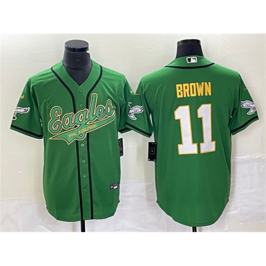 Men Philadelphia Eagles 11 A J Brown Green Gold Cool Base Stitched Baseball Jersey Men Philadelphia Eagles 11 A J Brown Green Gold Cool Base Stitched Baseball Jersey