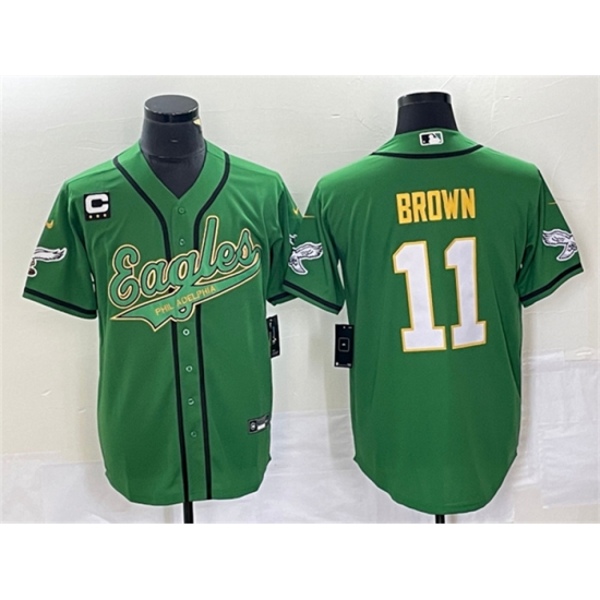 Men Philadelphia Eagles 11 A J Brown Green Gold With C Patch Cool Base Stitched Baseball Jersey Men Philadelphia Eagles 11 A J Brown Green Gold With C Patch Cool Base Stitched Baseball Jersey