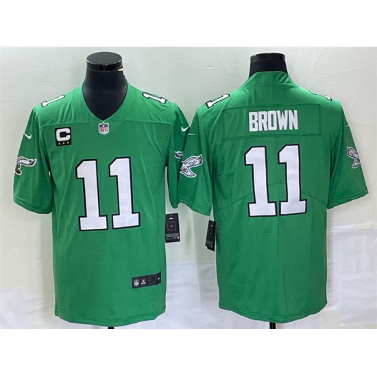 Men Philadelphia Eagles 11 A J Brown Green With C Patch Stitched Football Jersey Men Philadelphia Eagles 11 A J Brown Green With C Patch Stitched Football Jersey