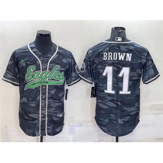 Men Philadelphia Eagles 11 A J Brown Grey Camo With Patch Cool Base Stitched Baseball Jersey Men Philadelphia Eagles 11 A J Brown Grey Camo With Patch Cool Base Stitched Baseball Jersey