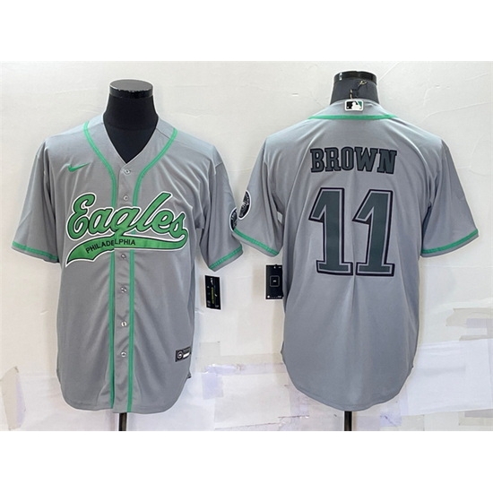 Men Philadelphia Eagles 11 A J Brown Grey With Patch Cool Base Stitched Baseb Men Philadelphia Eagles 11 A J Brown Grey With Patch Cool Base Stitched Baseb