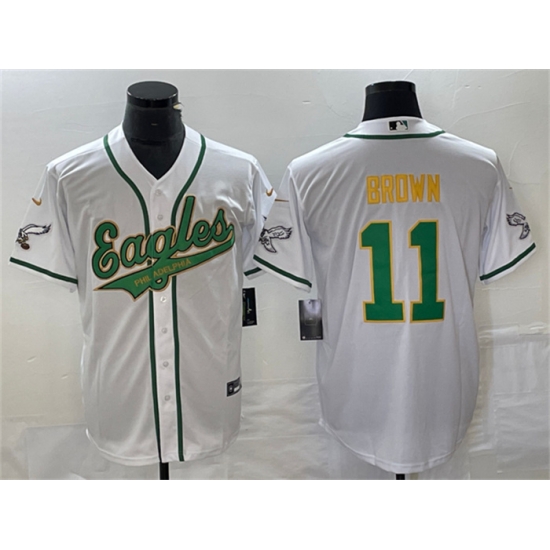 Men Philadelphia Eagles 11 A J Brown White Gold Cool Base Stitched Baseball Jersey Men Philadelphia Eagles 11 A J Brown White Gold Cool Base Stitched Baseball Jersey