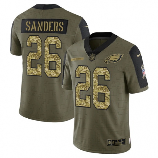 Men Philadelphia Eagles 26 Miles Sanders 2021 Salute To Service Olive Camo Limited Stitched Jersey Men Philadelphia Eagles 26 Miles Sanders 2021 Salute To Service Olive Camo Limited Stitched Jersey