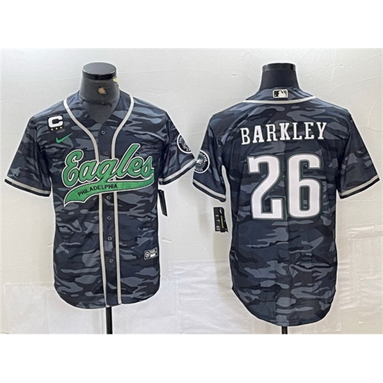 Men Philadelphia Eagles 26 Saquon Barkley Gray Camo With 3 star C Patch Cool Base Baseball Stitched Jersey Men Philadelphia Eagles 26 Saquon Barkley Gray Camo With 3 star C Patch Cool Base Baseball Stitched Jersey