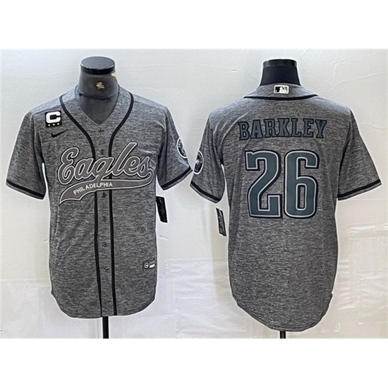 Men Philadelphia Eagles 26 Saquon Barkley Gray With 3 star C Patch Cool Base Baseball Stitched Jersey Men Philadelphia Eagles 26 Saquon Barkley Gray With 3 star C Patch Cool Base Baseball Stitched Jersey