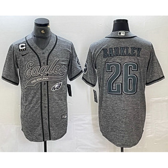 Men Philadelphia Eagles 26 Saquon Barkley Grey Gridiron With C Patch Cool Base Stitched Baseball Jersey Men Philadelphia Eagles 26 Saquon Barkley Grey Gridiron With C Patch Cool Base Stitched Baseball Jersey