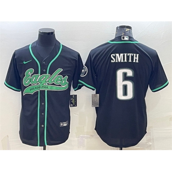 Men Philadelphia Eagles 6 DeVonta Smith Black With Patch Cool Base Stitched Baseball Jersey Men Philadelphia Eagles 6 DeVonta Smith Black With Patch Cool Base Stitched Baseball Jersey