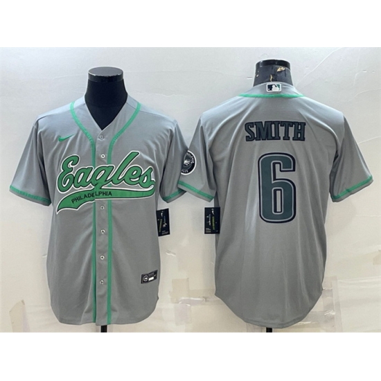 Men Philadelphia Eagles 6 DeVonta Smith Gray With Patch Cool Base Stitched Baseball Jersey Men Philadelphia Eagles 6 DeVonta Smith Gray With Patch Cool Base Stitched Baseball Jersey