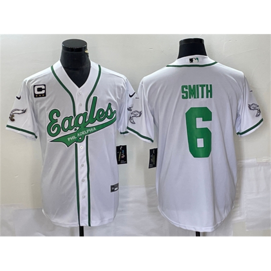 Men Philadelphia Eagles 6 DeVonta Smith White With C Patch Cool Base Stitched Baseball Jersey Men Philadelphia Eagles 6 DeVonta Smith White With C Patch Cool Base Stitched Baseball Jersey