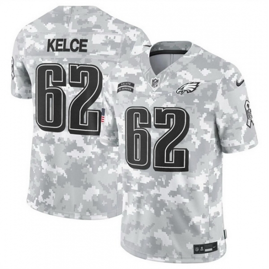 Men Philadelphia Eagles 62 Jason Kelce 2024 F U S E Arctic Camo Salute To Service Limited Stitched Football Jersey Men Philadelphia Eagles 62 Jason Kelce 2024 F U S E Arctic Camo Salute To Service Limited Stitched Football Jersey