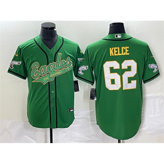 Men Philadelphia Eagles 62 Jason Kelce Green Gold Cool Base Stitched Baseball Jersey Men Philadelphia Eagles 62 Jason Kelce Green Gold Cool Base Stitched Baseball Jersey