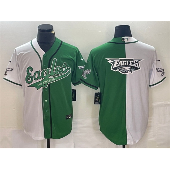 Men Philadelphia Eagles Green White Split Team Big Logo Cool Base Stitched Baseball Jersey Men Philadelphia Eagles Green White Split Team Big Logo Cool Base Stitched Baseball Jersey