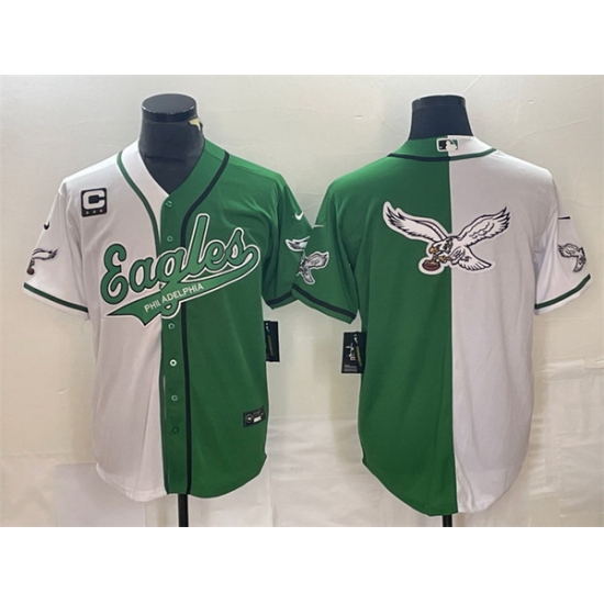 Men Philadelphia Eagles Green White Split Team Big Logo With 3 Star C Patch Cool Base Stitched Baseball JerseyS Men Philadelphia Eagles Green White Split Team Big Logo With 3 Star C Patch Cool Base Stitched Baseball JerseyS