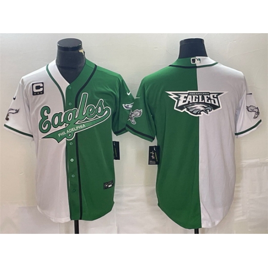 Men Philadelphia Eagles Green White Split Team Big Logo With 3 Star C Patch Cool Base Stitched Baseball Jersey Men Philadelphia Eagles Green White Split Team Big Logo With 3 Star C Patch Cool Base Stitched Baseball Jersey