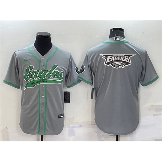 Men Philadelphia Eagles Grey Team Big Logo With Patch Cool Base Stitched Baseball Jersey Men Philadelphia Eagles Grey Team Big Logo With Patch Cool Base Stitched Baseball Jersey