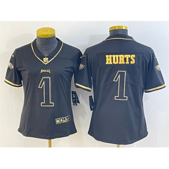 Women Philadelphia Eagles 1 Jalen Hurts Black Golden Edition Stitched Football Jersey Women Philadelphia Eagles 1 Jalen Hurts Black Golden Edition Stitched Football Jersey