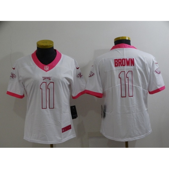 Women Philadelphia Eagles 11 A J Brown Pink White Stitched Football Jersey Women Philadelphia Eagles 11 A J Brown Pink White Stitched Football Jersey