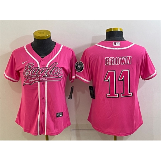 Women Philadelphia Eagles 11 A J Brown Pink With Patch Cool Base Stitched Baseball Jersey Women Philadelphia Eagles 11 A J Brown Pink With Patch Cool Base Stitched Baseball Jersey