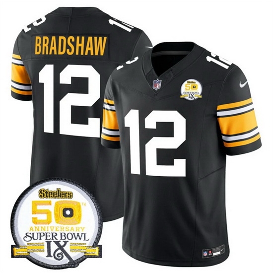Men Pittsburgh Steelers 12 Terry Bradshaw Black 2024 F U S E 50th Anniversary Of Super Bowl IX Vapor Untouchable Limited Stitched Jersey Men Pittsburgh Steelers 12 Terry Bradshaw Black 2024 F U S E 50th Anniversary Of Super Bowl IX Vapor Untouchable Limited Stitched Jersey