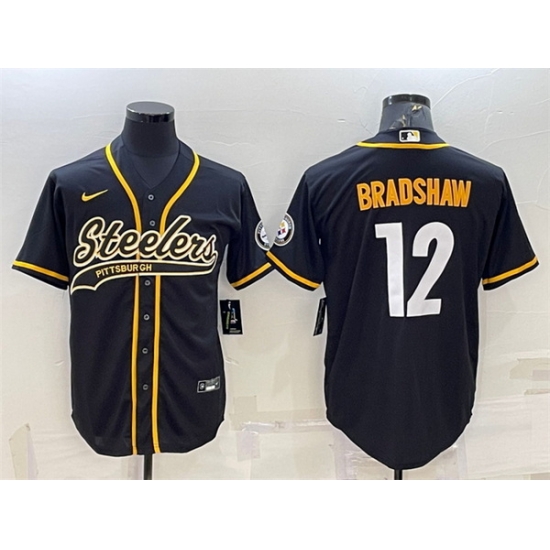 Men Pittsburgh Steelers 12 Terry Bradshaw Black With Patch Cool Base Stitched Baseball Jersey Men Pittsburgh Steelers 12 Terry Bradshaw Black With Patch Cool Base Stitched Baseball Jersey