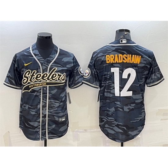 Men Pittsburgh Steelers 12 Terry Bradshaw Grey Navy Camo With Patch Cool Base Stitched Baseball Jersey Men Pittsburgh Steelers 12 Terry Bradshaw Grey Navy Camo With Patch Cool Base Stitched Baseball Jersey