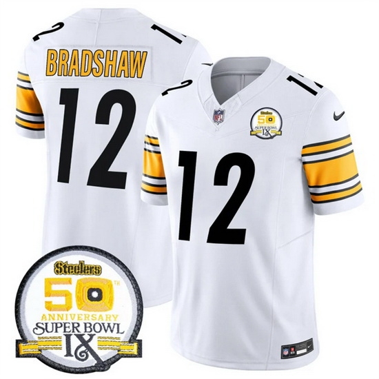 Men Pittsburgh Steelers 12 Terry Bradshaw White 2024 F U S E 50th Anniversary Of Super Bowl IX Alternate Vapor Untouchable Limited Stitched Jersey Men Pittsburgh Steelers 12 Terry Bradshaw White 2024 F U S E 50th Anniversary Of Super Bowl IX Alternate Vapor Untouchable Limited Stitched Jersey