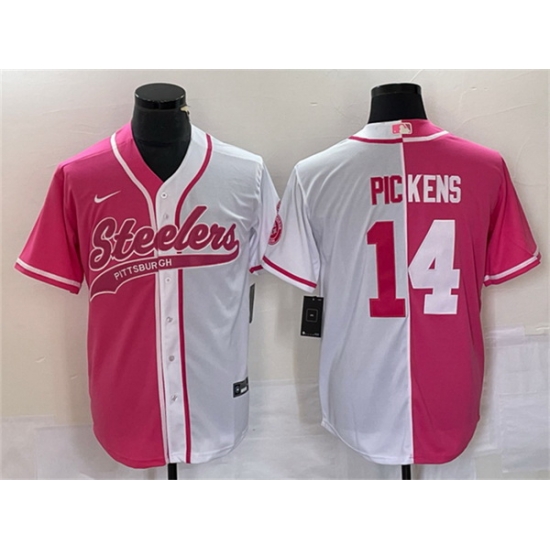 Men Pittsburgh Steelers 14 George Pickens White Pink Split Cool Base Stitched Baseball Jersey Men Pittsburgh Steelers 14 George Pickens White Pink Split Cool Base Stitched Baseball Jersey