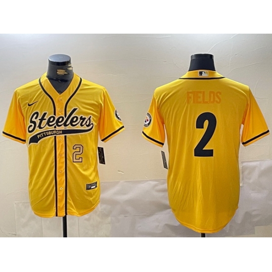 Men Pittsburgh Steelers 2 Justin Fields Yellow With Patch Cool Base Stitched Baseball Jersey 1 Men Pittsburgh Steelers 2 Justin Fields Yellow With Patch Cool Base Stitched Baseball Jersey 1