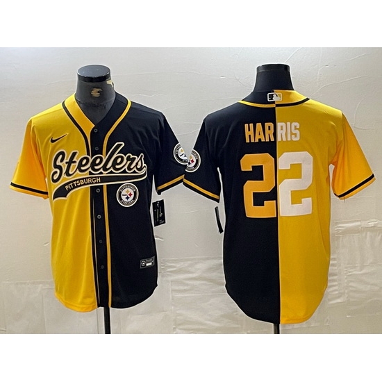 Men Pittsburgh Steelers 22 Najee Harris Yellow Black Split With Patch Cool Base Stitched Baseball Jerseys Men Pittsburgh Steelers 22 Najee Harris Yellow Black Split With Patch Cool Base Stitched Baseball Jerseys