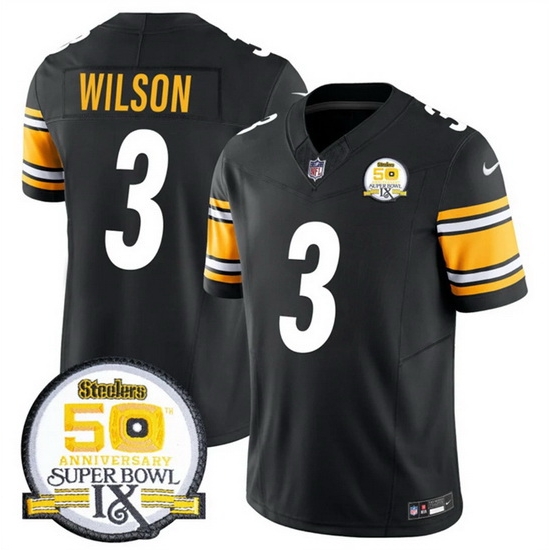 Men Pittsburgh Steelers 3 Russell Wilson Black 2024 F U S E 50th Anniversary Of Super Bowl IX Alternate Vapor Untouchable Limited Stitched Jersey Men Pittsburgh Steelers 3 Russell Wilson Black 2024 F U S E 50th Anniversary Of Super Bowl IX Alternate Vapor Untouchable Limited Stitched Jersey