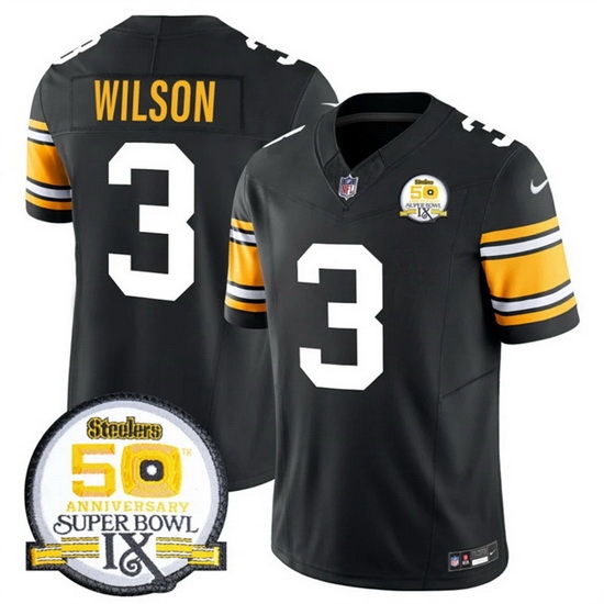Men Pittsburgh Steelers 3 Russell Wilson Black 2024 F U S E 50th Anniversary Of Super Bowl IX Vapor Untouchable Limited Stitched Jersey Men Pittsburgh Steelers 3 Russell Wilson Black 2024 F U S E 50th Anniversary Of Super Bowl IX Vapor Untouchable Limited Stitched Jersey